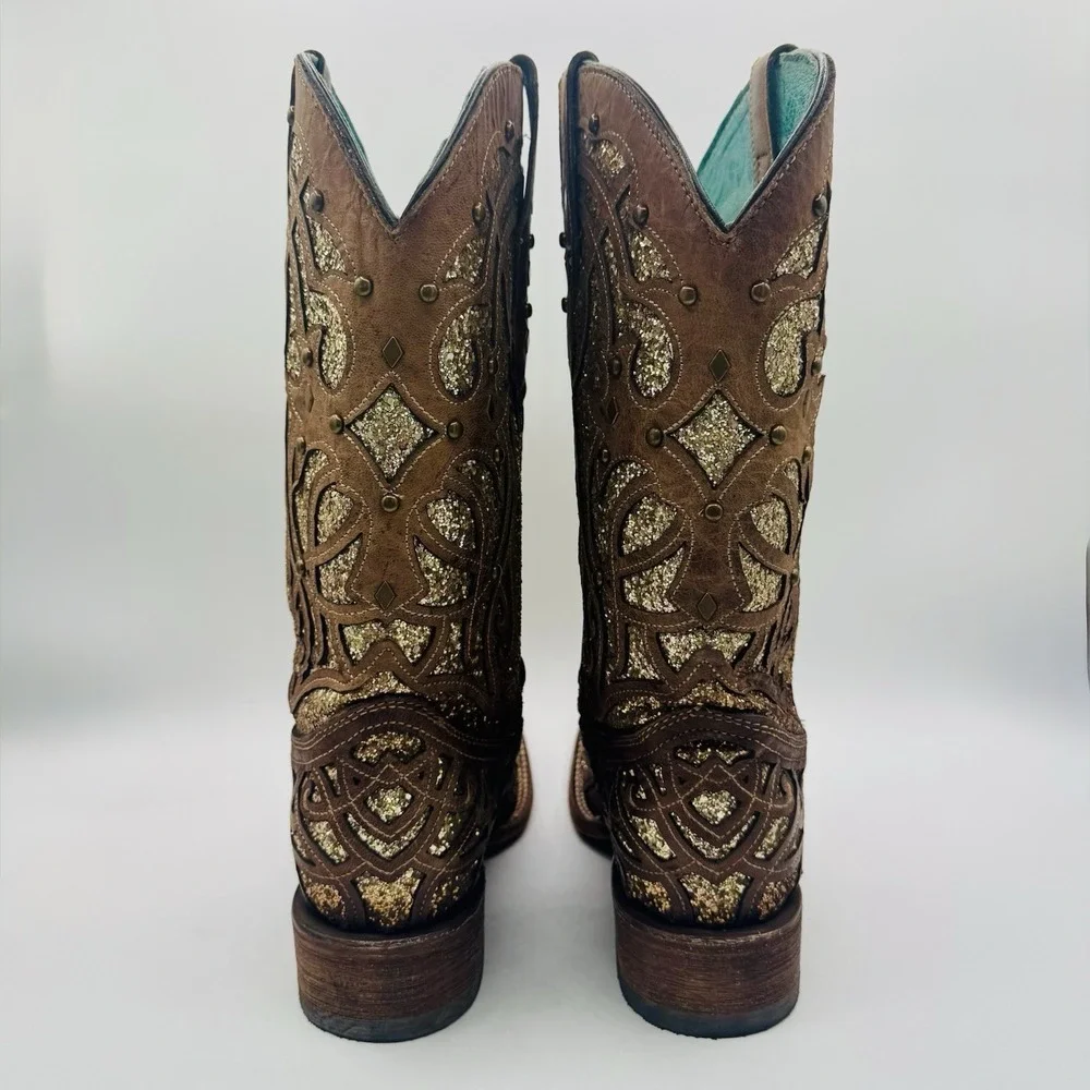 Corral Orix Glitter Inlay‎ Boots Women's Size 11 Brown Leather Gold Studded